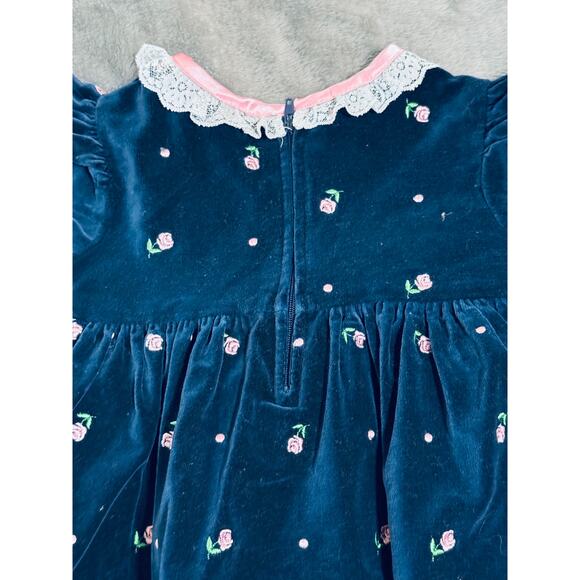 Vintage Velvet Dress Satin Bows Embroidered Rose Accents Lace Puff‎ Sleeve 12M - Picture 8 of 10